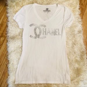 Rhinestone Chanel Logo White Tee